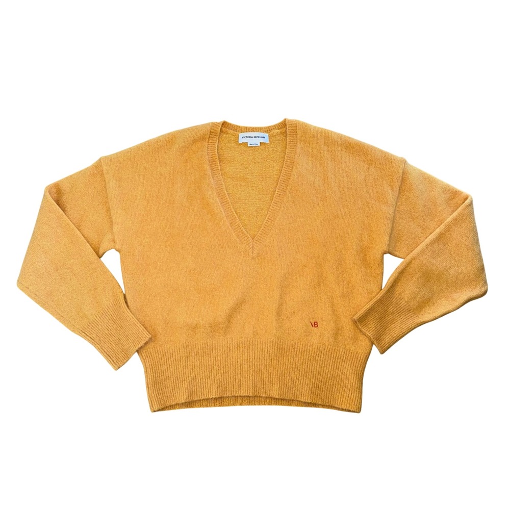 Victoria Beckham V-Neck Sweater Womens M Yellow Excellent Wool Mohair‎ Blend VB